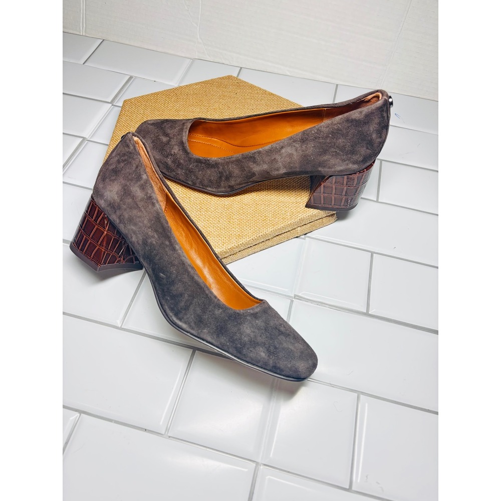 Donald Pliner Aquarius Brown Suede‎ Croc Embossed Block Heel Pump 8.5M